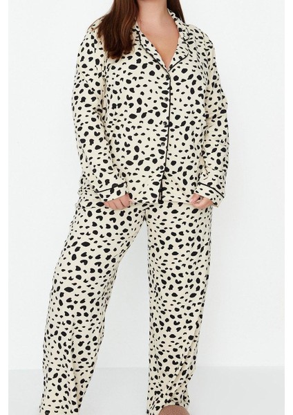 Kadın Moda Şık Büyük Beden Gömlek Yaka Boru Paça Uzun Kol Animal Desenli Örme Pijama Takımı