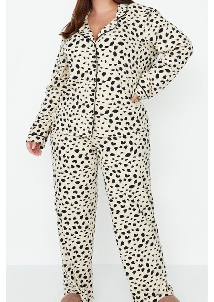 Kadın Moda Şık Büyük Beden Gömlek Yaka Boru Paça Uzun Kol Animal Desenli Örme Pijama Takımı fiyatları
