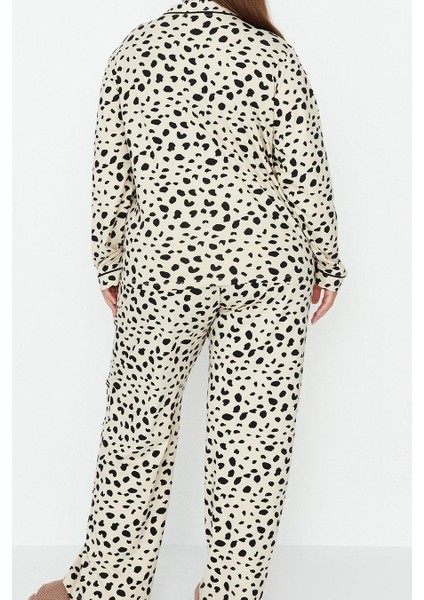 Kadın Moda Şık Büyük Beden Gömlek Yaka Boru Paça Uzun Kol Animal Desenli Örme Pijama Takımı indirimleri