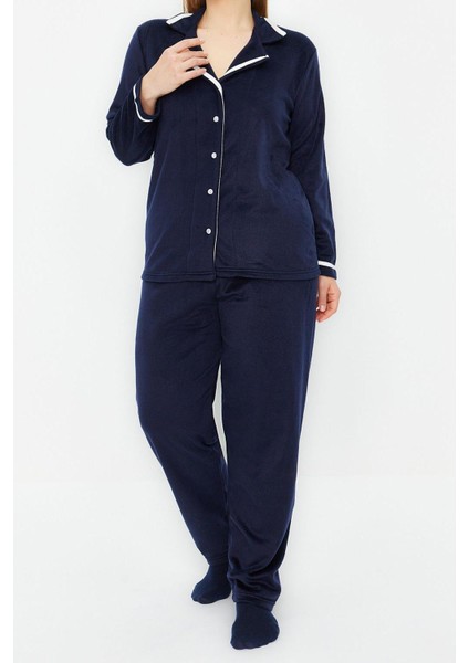 Kadın Moda Şık Büyük Beden Ceket Yaka Boru Paça Uzun Kol Gömlek Yaka Biyeli Polar Örme Pijama Takımı