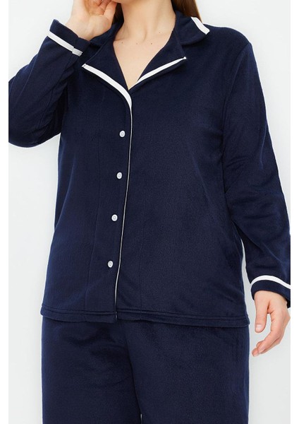 Kadın Moda Şık Büyük Beden Ceket Yaka Boru Paça Uzun Kol Gömlek Yaka Biyeli Polar Örme Pijama Takımı