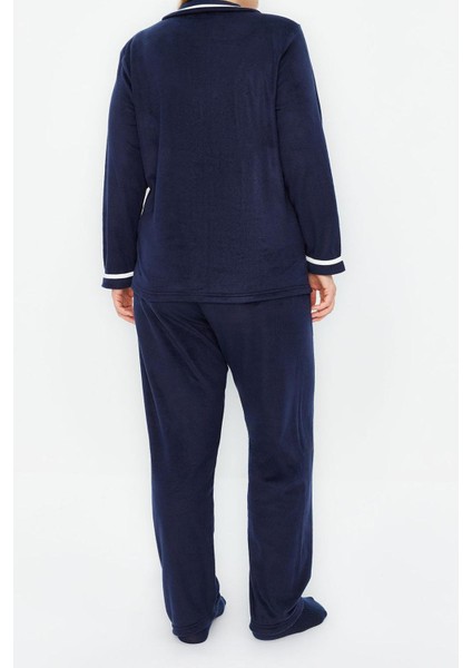 Kadın Moda Şık Büyük Beden Ceket Yaka Boru Paça Uzun Kol Gömlek Yaka Biyeli Polar Örme Pijama Takımı