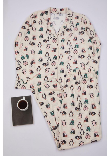 Kadın Moda Şık Büyük Beden Gömlek Yaka Boru Paça Uzun Kol Yılbaşı Temalı Örme Pijama Takımı