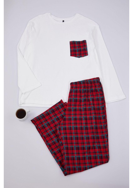 Kadın Moda Büyük Beden Bisiklet Yaka Boru Paça Uzun Kol Ekoseli Tshirt-Pantolon Örme Pijama Takımı