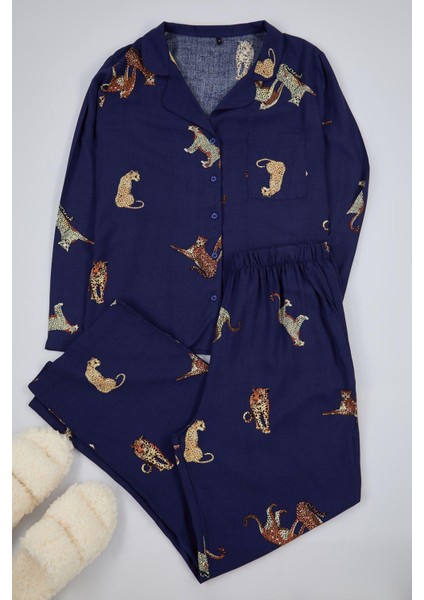 Kadın Moda Şık Büyük Beden Gömlek Yaka Boru Paça Uzun Kol Kaplan Desenli Dokuma Pijama Takımı Takımı