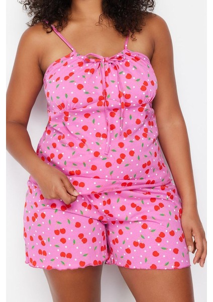 Kadın Moda Şık Büyük Beden Straplez Boru Paça Uzun Kol Pamuklu Kirazlı Örme Pijama Takımı fiyatları
