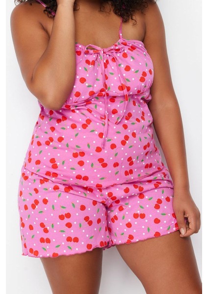 Kadın Moda Şık Büyük Beden Straplez Boru Paça Uzun Kol Pamuklu Kirazlı Örme Pijama Takımı fırsatları