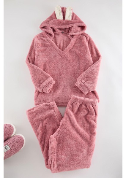 Kadın Moda Büyük Beden Kapüşonlu Boru Paça Uzun Kol Wellsoft Peluş Kulak Detaylı Örme Pijama Takımı