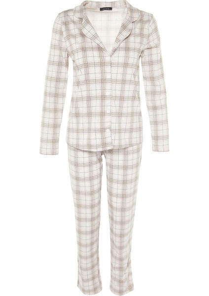 Kadın Moda Şık Gömlek Yaka Boru Paça Uzun Kol Pamuklu Ekoseli Örme Pijama Takımı