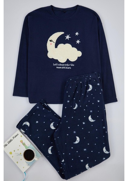 Kadın Moda Şık Büyük Beden Bisiklet Yaka Boru Paça Uzun Kol Galaksi Desenli Polar Örme Pijama Takımı