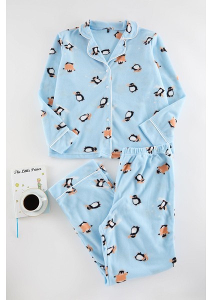 Kadın Moda Şık Büyük Beden Gömlek Yaka Boru Paça Uzun Kol Penguen Desenli Örme Pijama Takımı