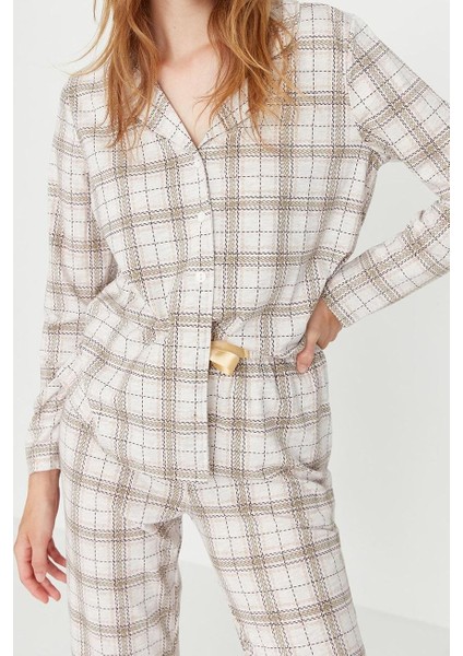 Kadın Moda Şık Gömlek Yaka Boru Paça Uzun Kol Pamuklu Ekoseli Örme Pijama Takımı