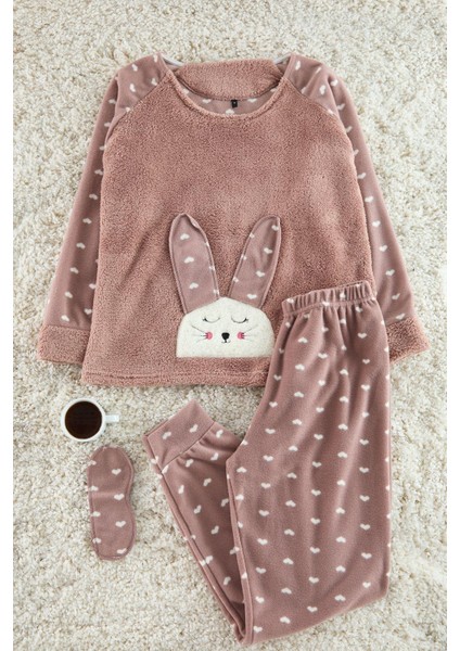 Kadın Moda Bisiklet Yaka Boru Paça Uzun Kol 3lü Kalpli Uyku Bantlı Polar Kışlık Örme Pijama Takımı