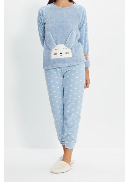 Kadın Moda Bisiklet Yaka Boru Paça Uzun Kol 3lü Kalpli Uyku Bantlı Polar Kışlık Örme Pijama Takımı