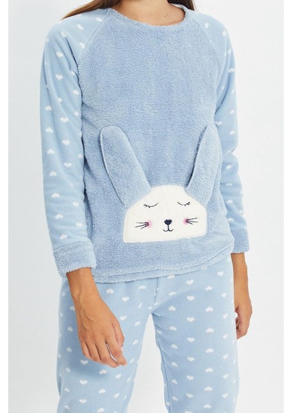 Kadın Moda Bisiklet Yaka Boru Paça Uzun Kol 3lü Kalpli Uyku Bantlı Polar Kışlık Örme Pijama Takımı