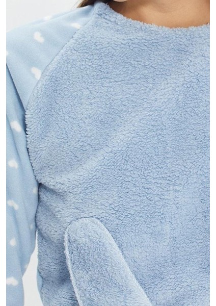 Kadın Moda Bisiklet Yaka Boru Paça Uzun Kol 3lü Kalpli Uyku Bantlı Polar Kışlık Örme Pijama Takımı