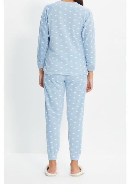 Kadın Moda Bisiklet Yaka Boru Paça Uzun Kol 3lü Kalpli Uyku Bantlı Polar Kışlık Örme Pijama Takımı