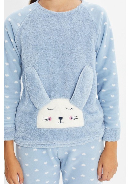 Kadın Moda Bisiklet Yaka Boru Paça Uzun Kol 3lü Kalpli Uyku Bantlı Polar Kışlık Örme Pijama Takımı
