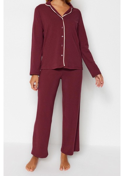Kadın Moda Gömlek Yaka Boru Paça Uzun Kol Bordo Pamuklu Biyeli Gömlek-Pantolon Örme Pijama Takımı