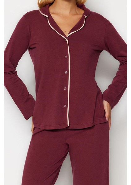Kadın Moda Gömlek Yaka Boru Paça Uzun Kol Bordo Pamuklu Biyeli Gömlek-Pantolon Örme Pijama Takımı fiyatları