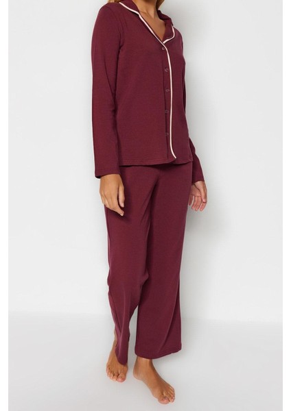 Kadın Moda Gömlek Yaka Boru Paça Uzun Kol Bordo Pamuklu Biyeli Gömlek-Pantolon Örme Pijama Takımı modelleri
