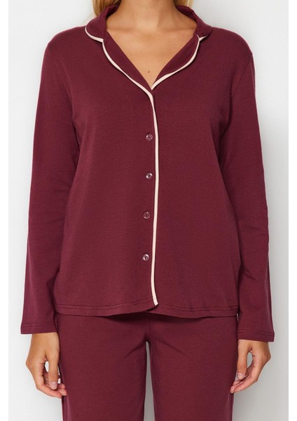 Kadın Moda Gömlek Yaka Boru Paça Uzun Kol Bordo Pamuklu Biyeli Gömlek-Pantolon Örme Pijama Takımı fırsatları