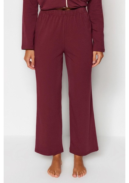 Kadın Moda Gömlek Yaka Boru Paça Uzun Kol Bordo Pamuklu Biyeli Gömlek-Pantolon Örme Pijama Takımı indirimleri