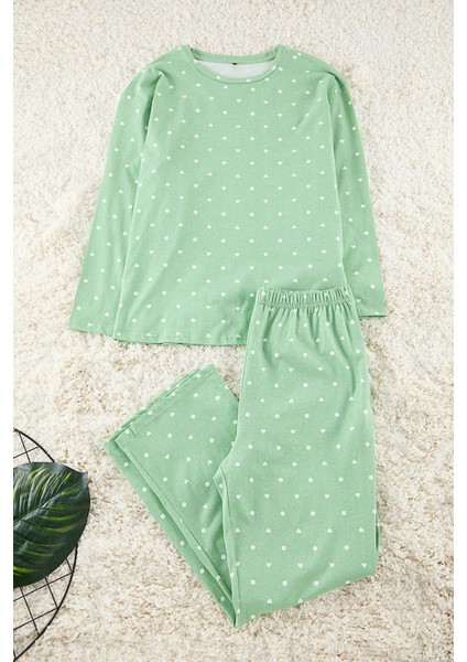 Kadın Moda Büyük Beden Bisiklet Yaka Boru Paça Uzun Kol Kalp ve Puantiye Desenli Örme Pijama Takımı