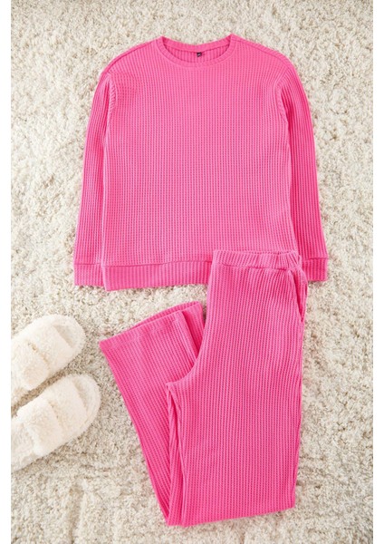 Kadın Moda Şık Büyük Beden Bisiklet Yaka Boru Paça Uzun Kol Dokulu Cepli Örme Pijama Takımı