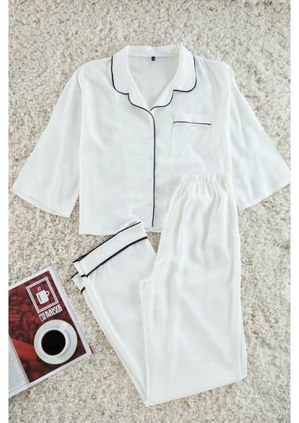 Kadın Boru Paça Truvakar Kol Beyaz Biyeli Viskon Gömlek-Pantolon Dokuma Pijama Takımı