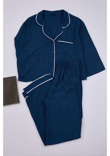 Kadın Moda Şık Gömlek Yaka Boru Paça Truvakar Kol Biyeli Viskon Dokuma Pijama Takımı