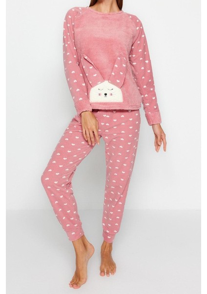 Kadın Moda Bisiklet Yaka Boru Paça Uzun Kol 3lü Kalpli Uyku Bantlı Polar Kışlık Örme Pijama Takımı