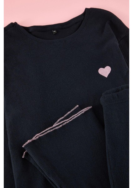 Kadın Moda Şık Büyük Beden Bisiklet Yaka Boru Paça Uzun Kol Fitilli Baskılı Örme Pijama Takımı