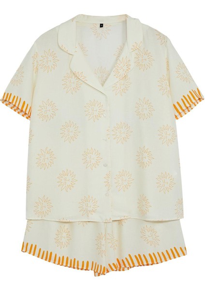 Kadın Moda Şık Büyük Beden Gömlek Yaka Boru Paça Uzun Kol Güneş Desenli Dokuma Pijama Takımı