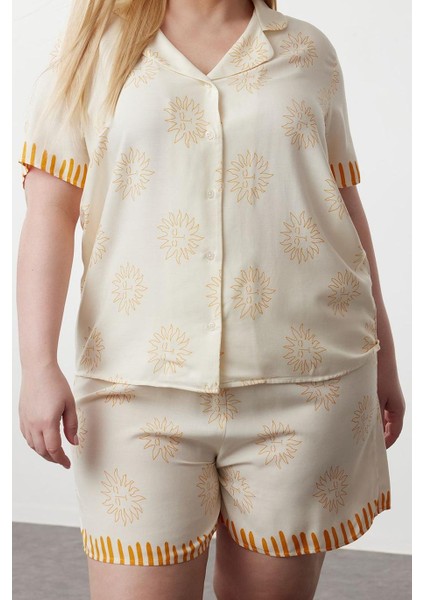 Kadın Moda Şık Büyük Beden Gömlek Yaka Boru Paça Uzun Kol Güneş Desenli Dokuma Pijama Takımı fiyatları