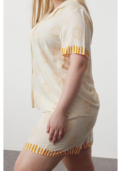 Kadın Moda Şık Büyük Beden Gömlek Yaka Boru Paça Uzun Kol Güneş Desenli Dokuma Pijama Takımı modelleri