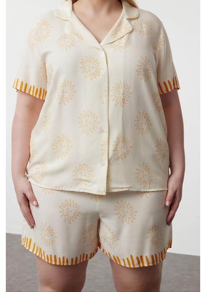 Kadın Moda Şık Büyük Beden Gömlek Yaka Boru Paça Uzun Kol Güneş Desenli Dokuma Pijama Takımı fırsatları
