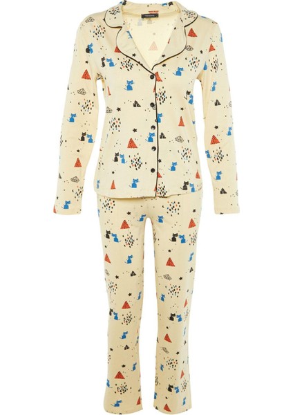 Kadın Moda Şık Gömlek Yaka Boru Paça Uzun Kol %100 Pamuklu Desenli Örme Pijama Takımı