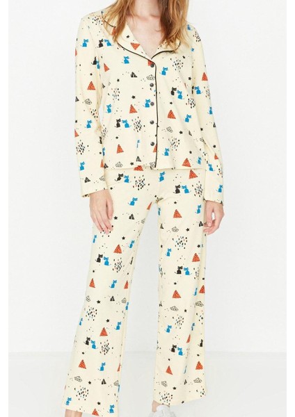Kadın Moda Şık Gömlek Yaka Boru Paça Uzun Kol %100 Pamuklu Desenli Örme Pijama Takımı modelleri