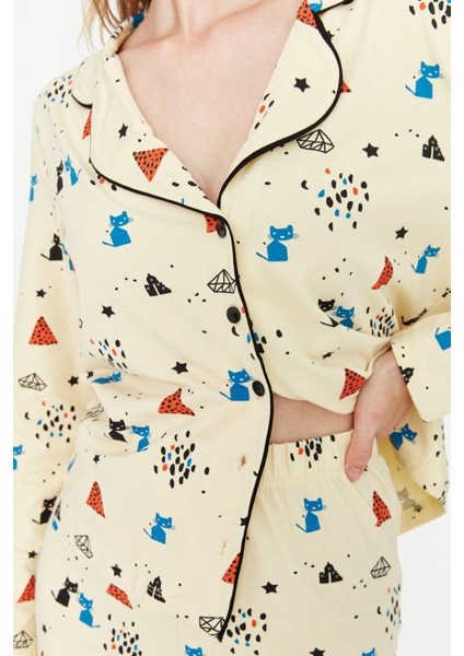 Kadın Moda Şık Gömlek Yaka Boru Paça Uzun Kol %100 Pamuklu Desenli Örme Pijama Takımı indirimleri