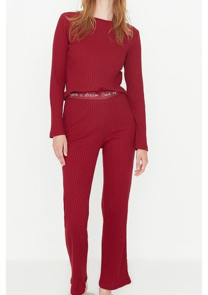 Kadın Moda Şık Bisiklet Yaka Geniş Paça Uzun Kol Lastikli Fitilli Örme Pijama Takımı fiyatları