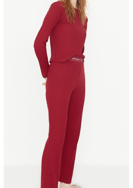 Kadın Moda Şık Bisiklet Yaka Geniş Paça Uzun Kol Lastikli Fitilli Örme Pijama Takımı modelleri