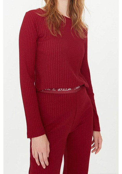 Kadın Moda Şık Bisiklet Yaka Geniş Paça Uzun Kol Lastikli Fitilli Örme Pijama Takımı fırsatları