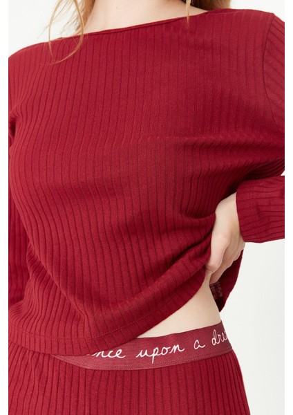 Kadın Moda Şık Bisiklet Yaka Geniş Paça Uzun Kol Lastikli Fitilli Örme Pijama Takımı indirimleri