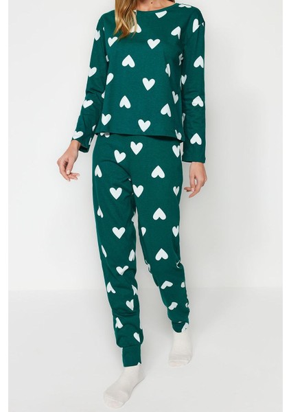 Kadın Moda Şık Bisiklet Yaka Boru Paça Uzun Kol Pamuklu Kalpli Örme Pijama Takımı