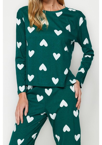 Kadın Moda Şık Bisiklet Yaka Boru Paça Uzun Kol Pamuklu Kalpli Örme Pijama Takımı
