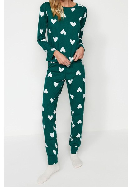 Kadın Moda Şık Bisiklet Yaka Boru Paça Uzun Kol Pamuklu Kalpli Örme Pijama Takımı