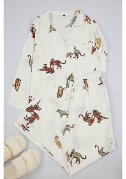 Kadın Moda Şık Büyük Beden Gömlek Yaka Boru Paça Uzun Kol Kaplan Desenli Dokuma Pijama Takımı Takımı