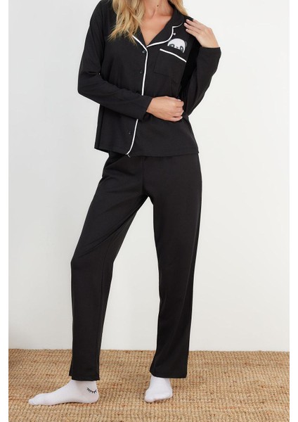 Kadın Moda Gömlek Yaka Boru Paça Uzun Kol Pamuklu Panda Baskılı Gömlek-Pantolon Örme Pijama Takımı