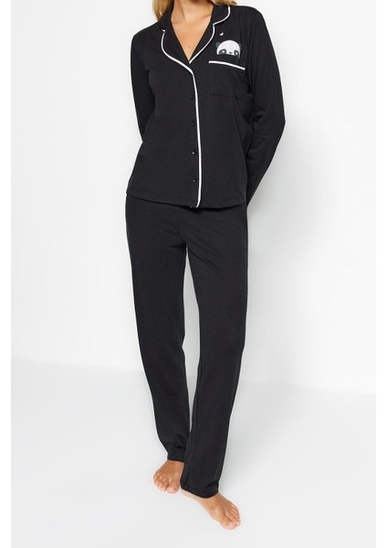 Kadın Moda Gömlek Yaka Boru Paça Uzun Kol Pamuklu Panda Baskılı Gömlek-Pantolon Örme Pijama Takımı fiyatları